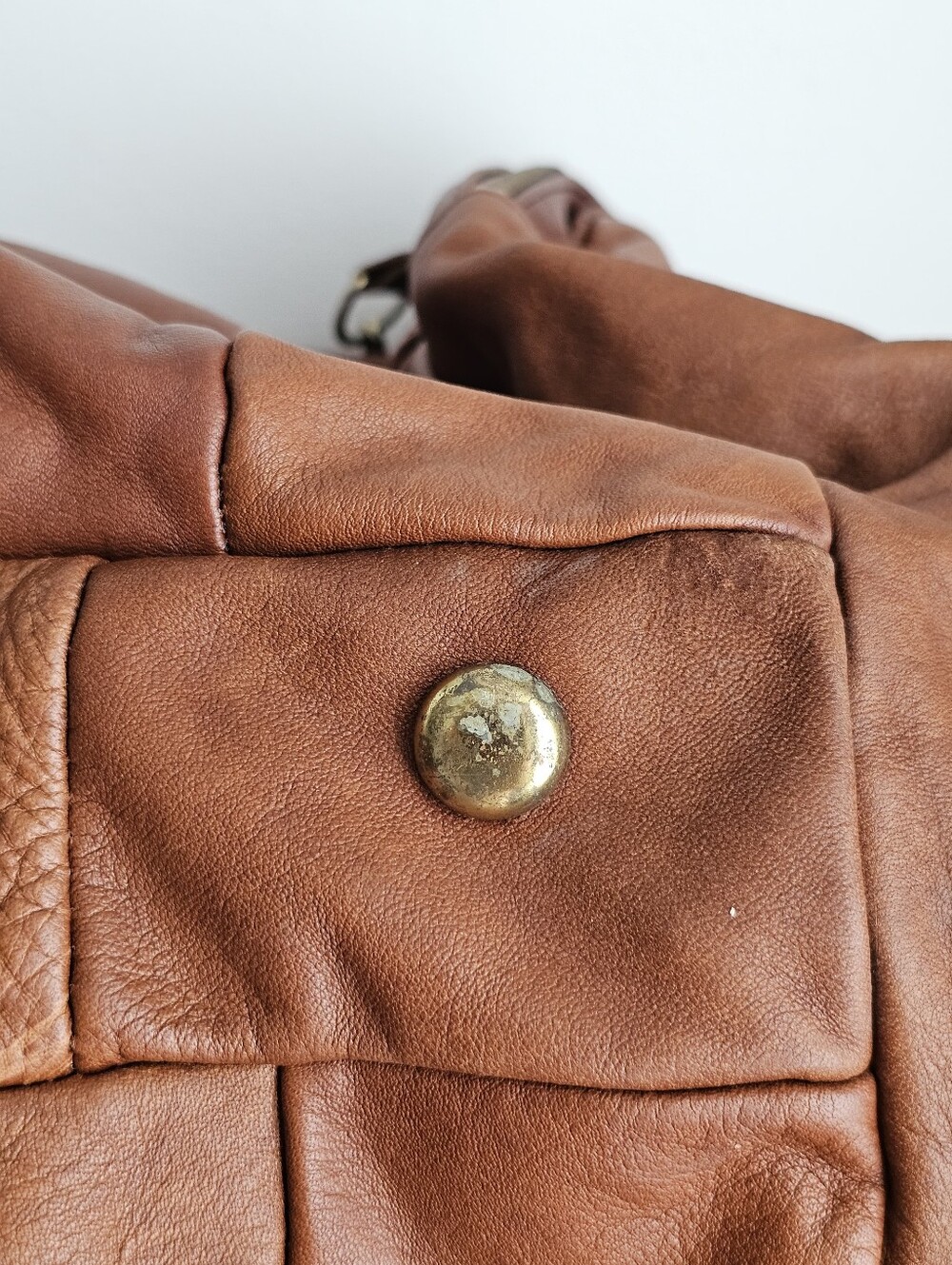Vintage Genuine Leather Patchwork Weekender Duffel Travel Bag Cognac Brown Large - Picture 9 of 15